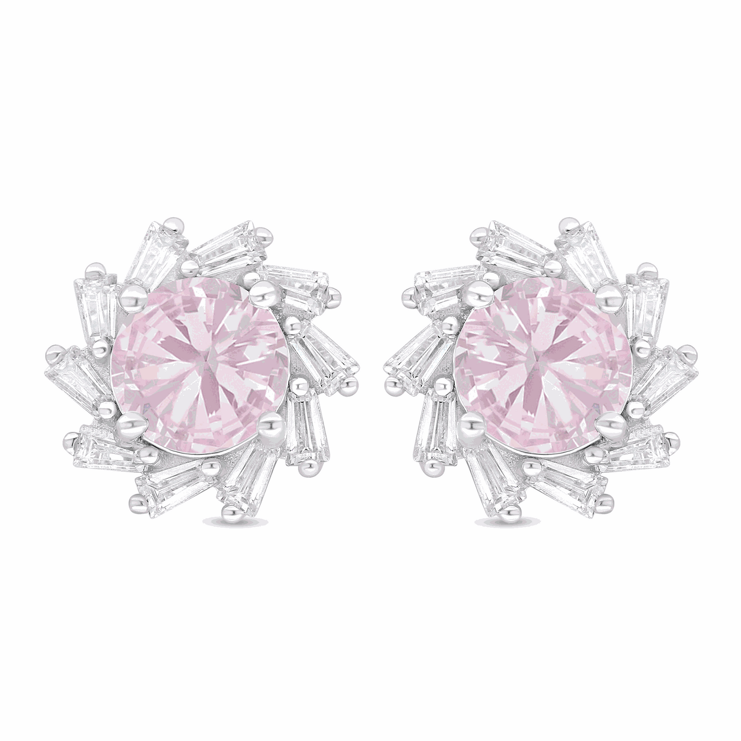 Sterling Silver 925 Earring Rhodium Plated Embedded With Pink Zircon And White Zircon