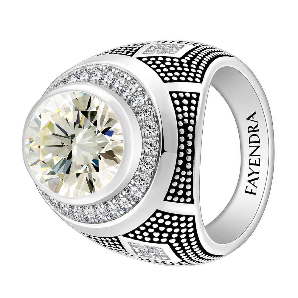 خاتم رجالي من الفضة الخالصة عيار 925 مطلي روديوم و اسود مرصع زركون اصفر و فص ابيض