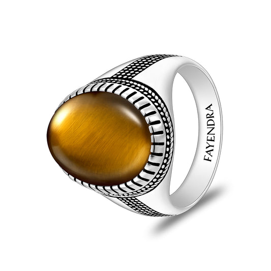 خاتم رجالي من الفضة الخالصة عيار 925 مطلي روديوم و اسود مرصع عين النمر اصفر كابشون