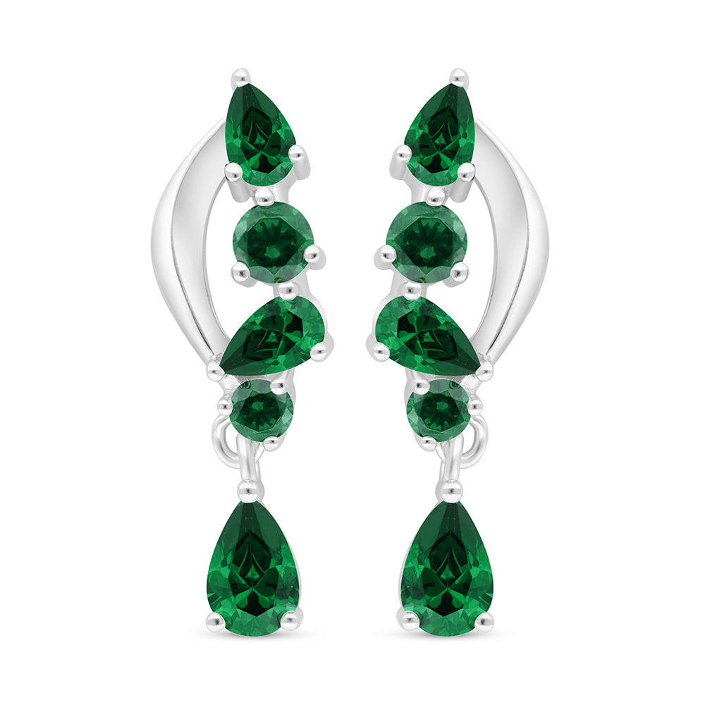 Sterling Silver 925 Earring Rhodium Plated Embedded With Emerald Zircon