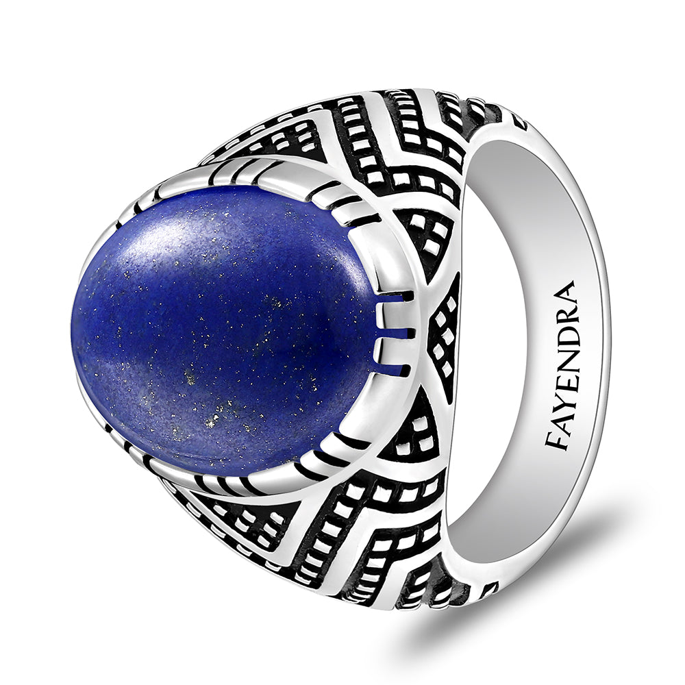 خاتم رجالي من الفضة الخالصة عيار925 مطلي روديوم و اسود مرصع احجار لابيس كابشون