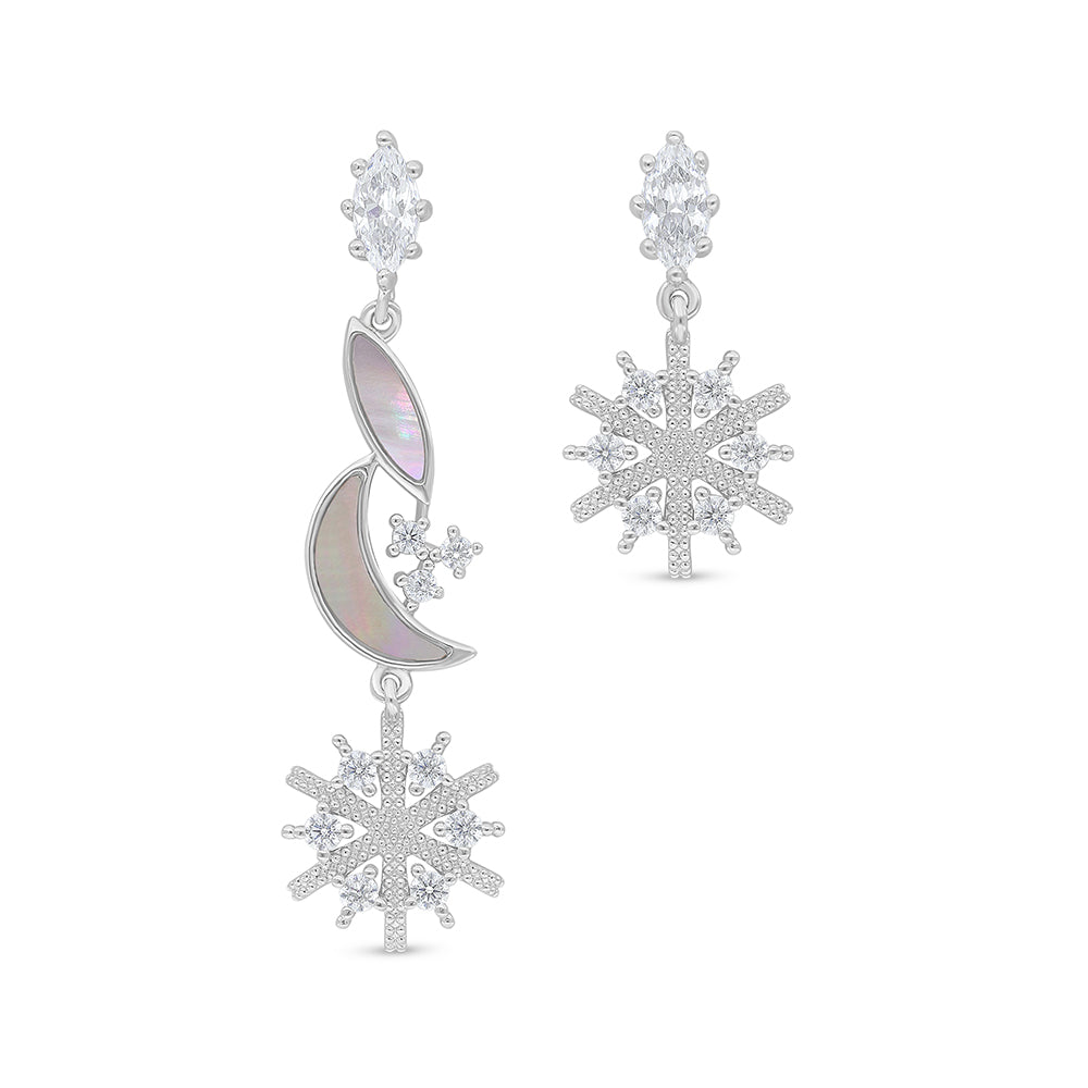 Sterling Silver 925 Earring Rhodium Plated Embedded With White Shell And White Zircon