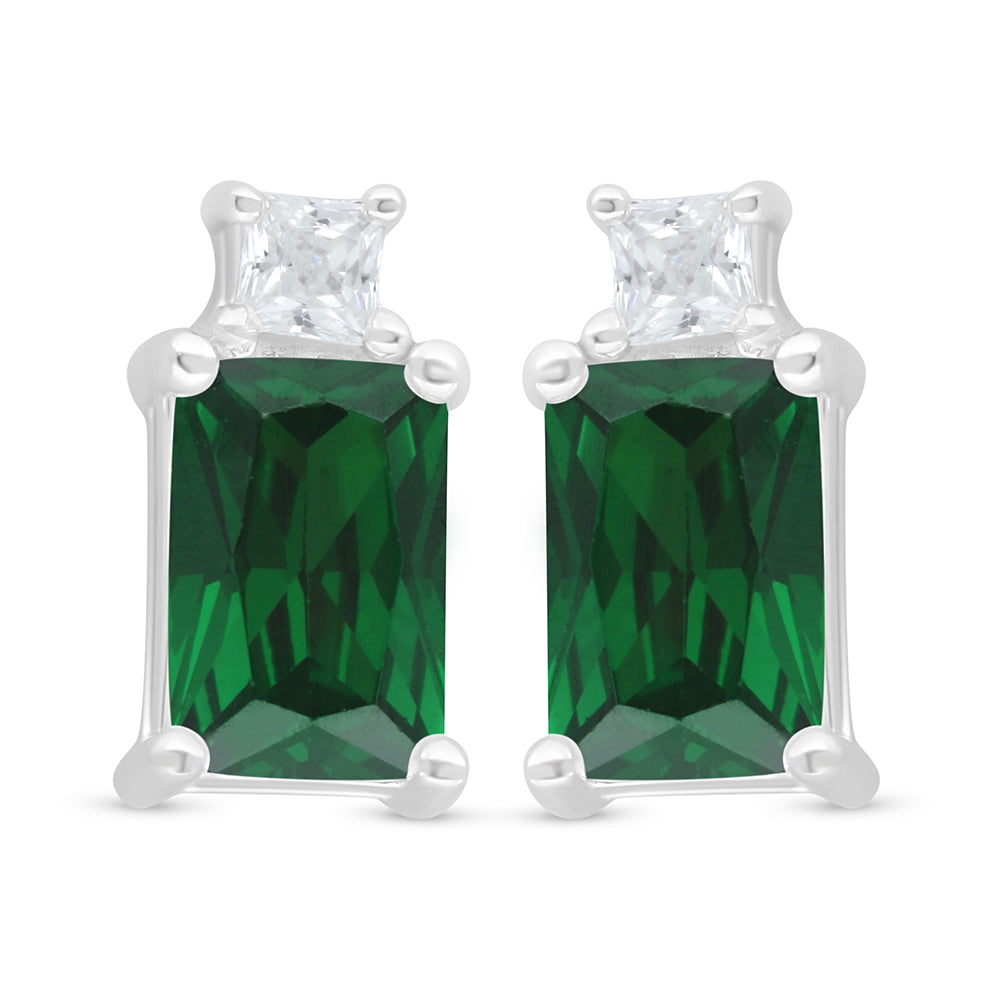 Sterling Silver 925 Earring Rhodium Plated Embedded With Emerald Zircon And White Zircon