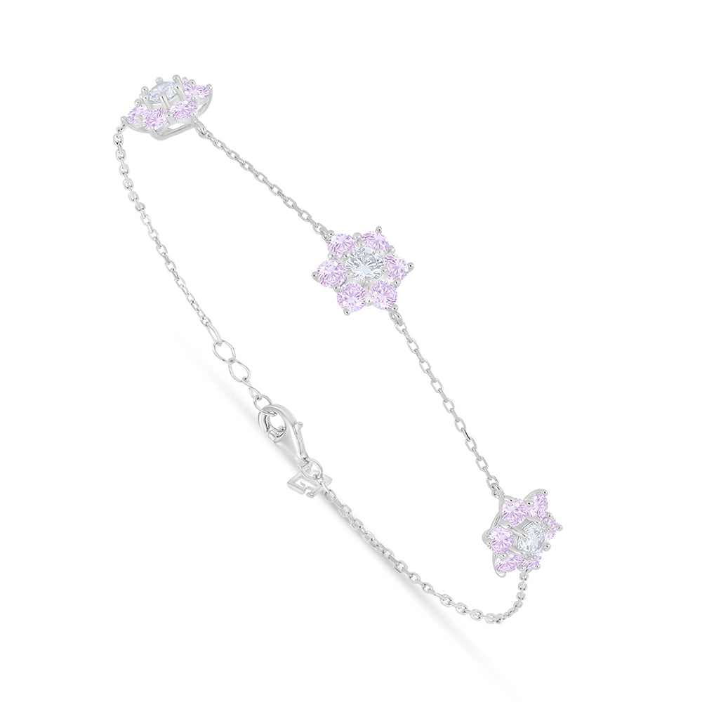 Sterling Silver 925 Bracelet Rhodium Plated Embedded With Pink Zircon And White Zircon