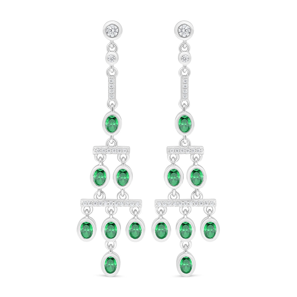 Sterling Silver 925 Earring Rhodium Plated Embedded With Emerald Zircon And White Zircon