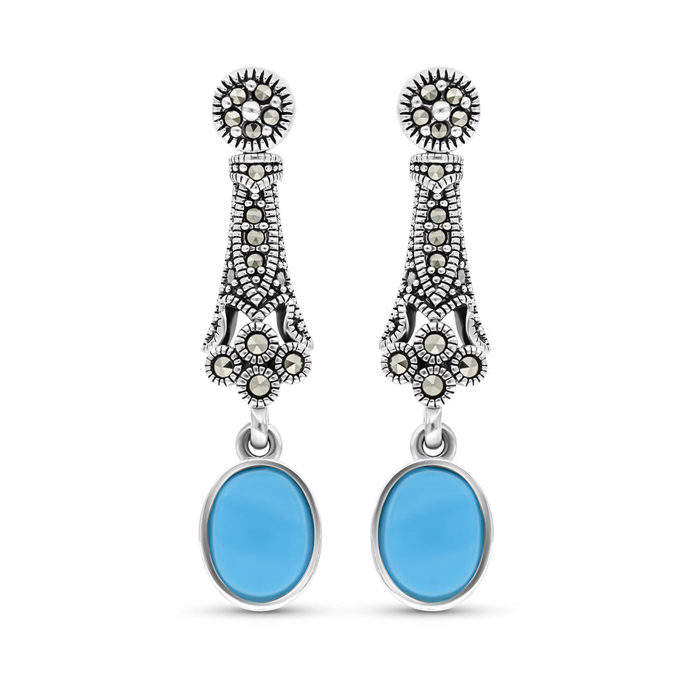 Sterling Silver 925 Earring Embedded With Natural Processed Turquoise And Marcasite Stones
