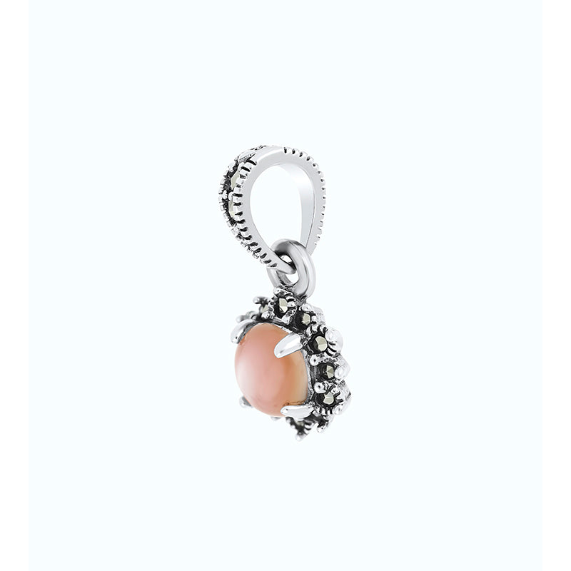 Sterling Silver 925 Pendant Embedded With Natural Pink Shell And Marcasite Stones