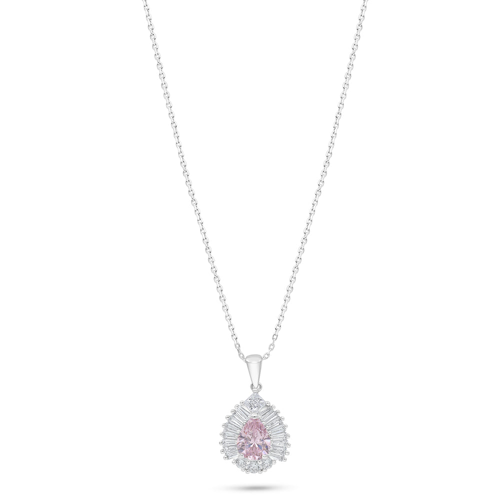 Sterling Silver 925 Necklace Rhodium Plated Embedded With Pink Zircon And White Zircon
