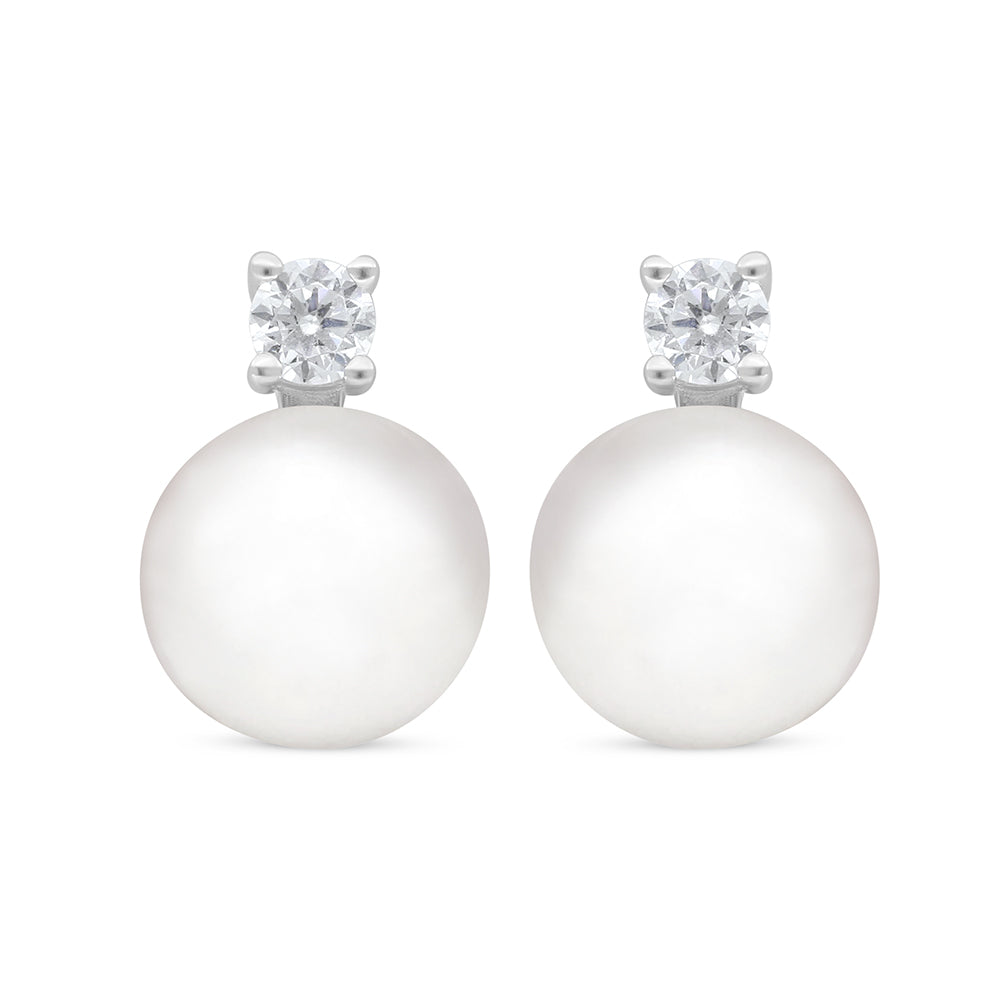 Sterling Silver 925 Earring Rhodium Plated Embedded With Natural White Pearl And White Zircon