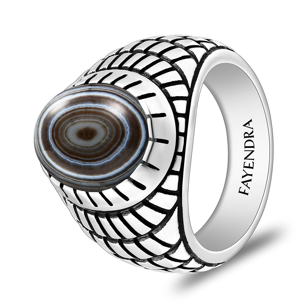 خاتم رجالي من الفضة الخالصة عيار 925 مطلي روديوم و اسود مرصع احجار عقيق سليماني كابشون