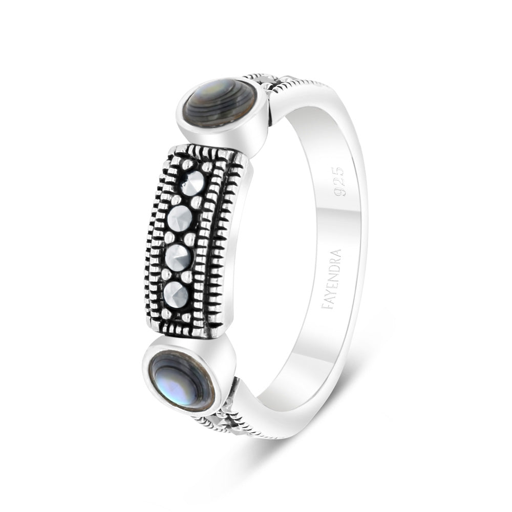 Sterling Silver 925 Ring Embedded With Natural Blue Shell And Marcasite Stones