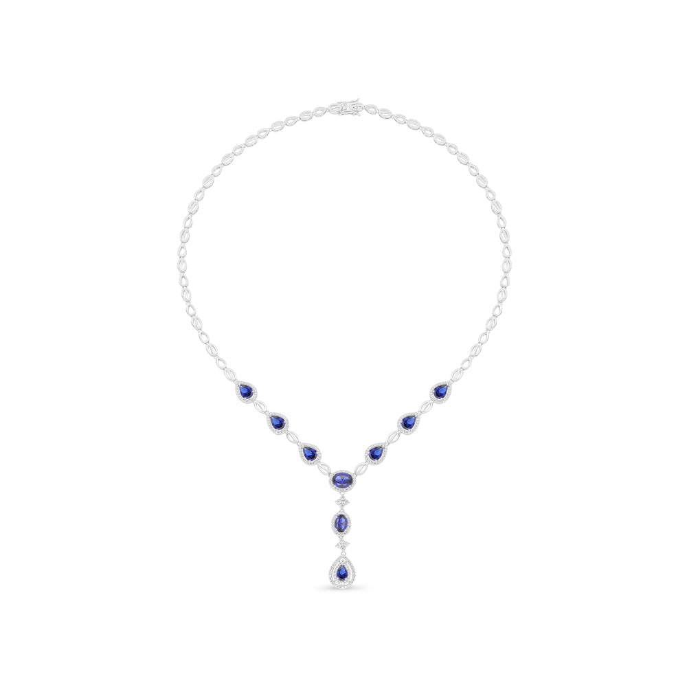 Sterling Silver 925 Necklace Rhodium Plated Embedded With Sapphire Corundum And White Zircon