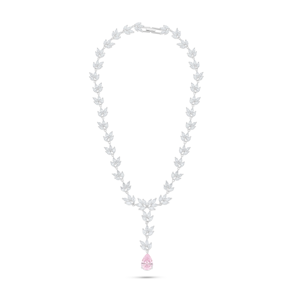 Sterling Silver 925 Necklace Rhodium Plated Embedded With Pink Zircon And White Zircon