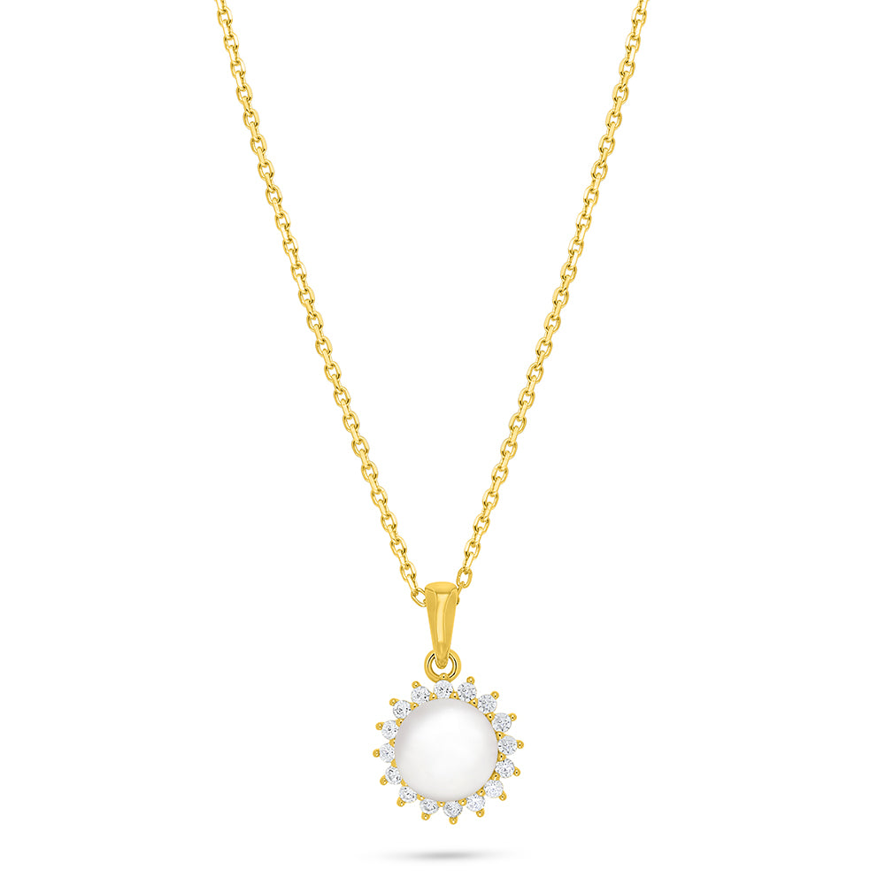 Sterling Silver 925 Necklace Golden Plated Embedded With Natural White Pearl And White Zircon