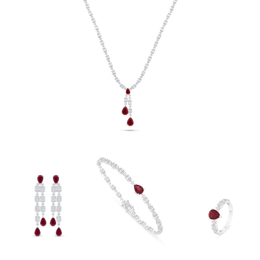 طقم من الفضة الخالصة عيار 925 مطلي روديوم و احجار ياقوت كروندوم و فص ابيض