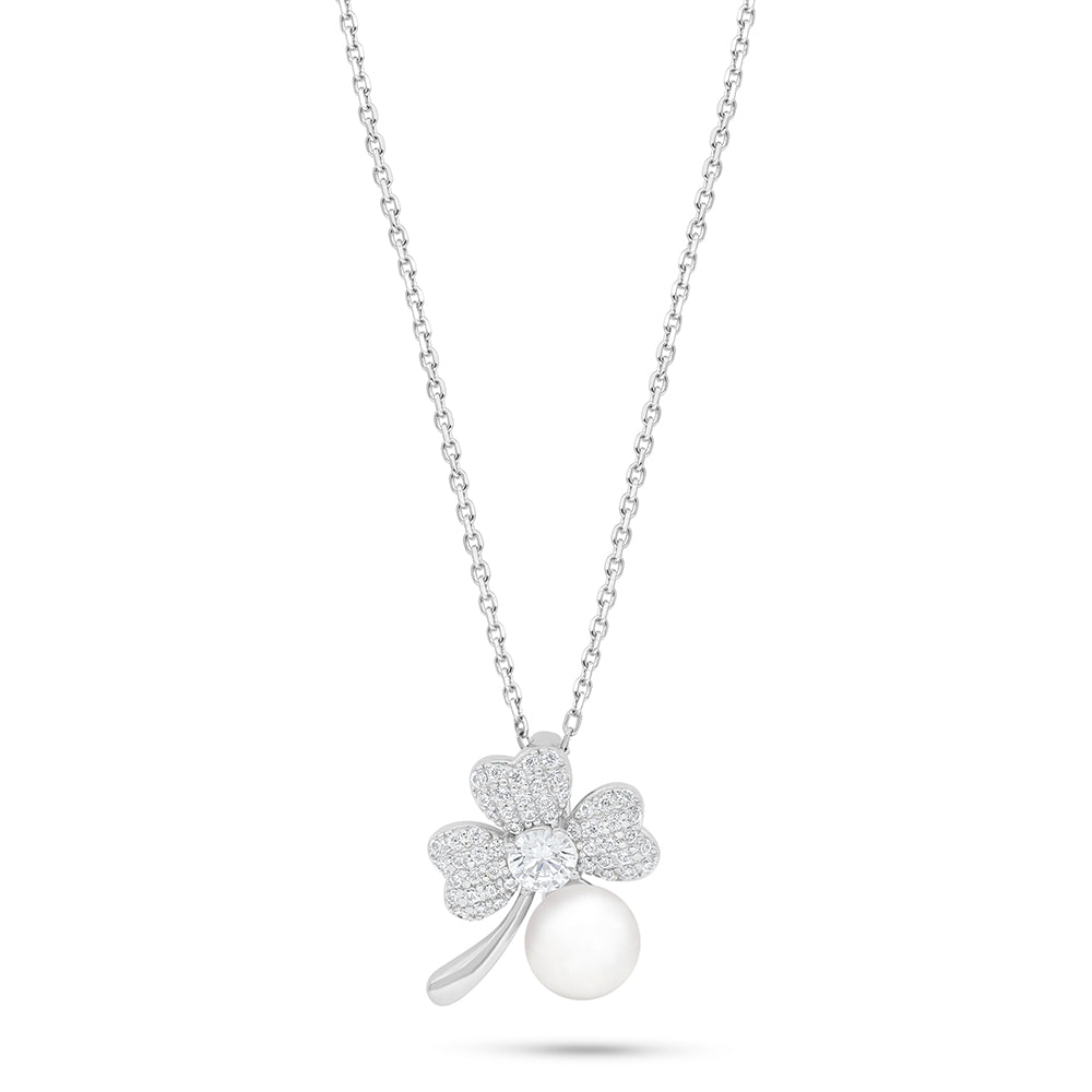Sterling Silver 925 Necklace Rhodium Plated Embedded With Natural White Pearl And White Zircon