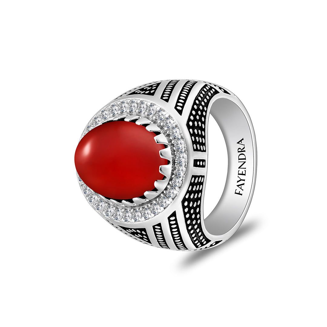 خاتم رجالي من الفضة الخالصة عيار 925 مطلي روديوم و اسود مرصع احجار عقيق احمر كابشون و فص ابيض