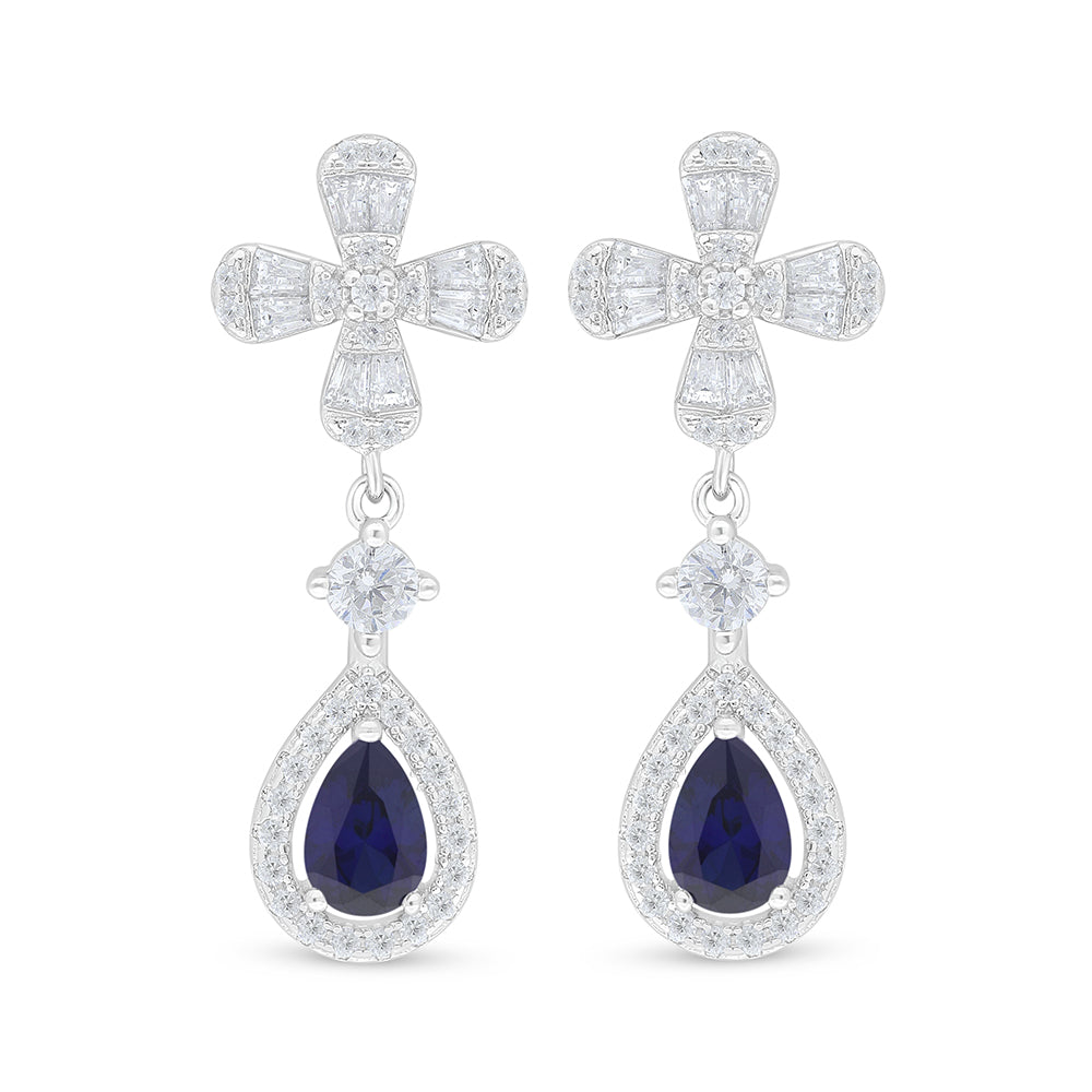 Sterling Silver 925 Earring Rhodium Plated Embedded With Sapphire Corundum And White Zircon