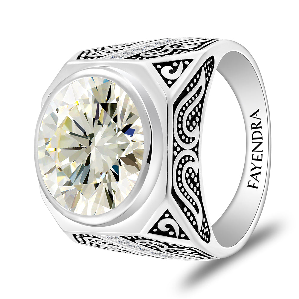 خاتم رجالي من الفضة الخالصة عيار 925 مطلي روديوم و اسود مرصع زركون اصفر و فص ابيض