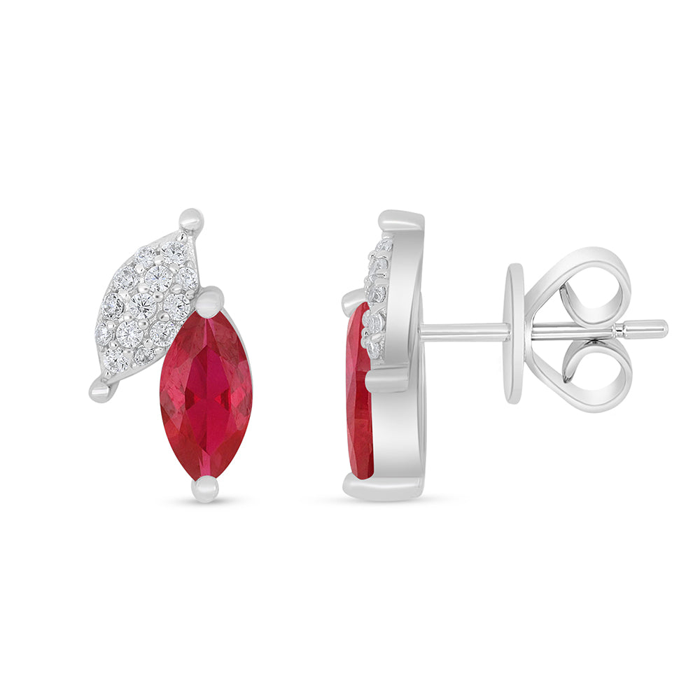 Sterling Silver 925 Earring Rhodium Plated Embedded With Ruby Corundum And White Zircon
