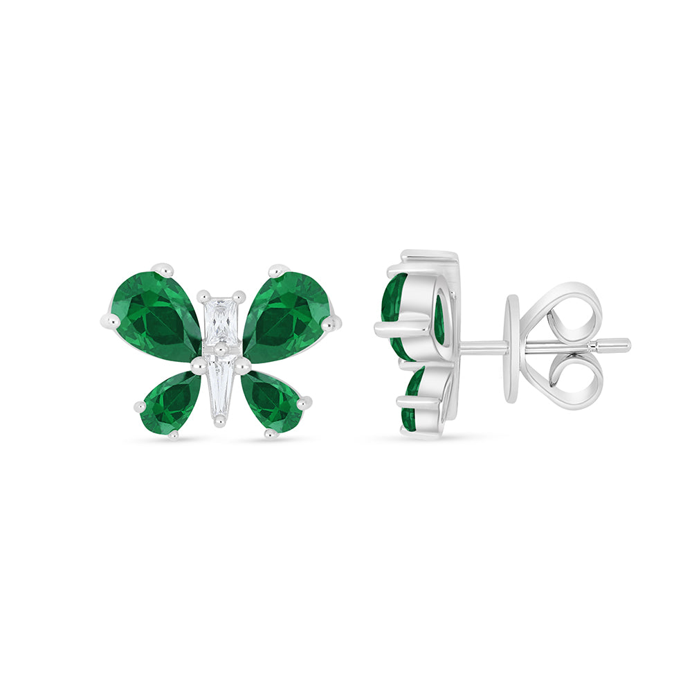 Sterling Silver 925 Earring Rhodium Plated Embedded With Emerald Zircon And White Zircon