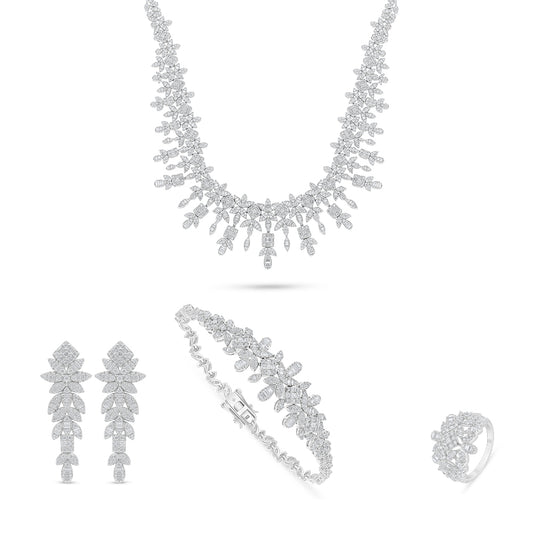 طقم من الفضة الخالصة عيار 925 مطلي روديوم مرصع فص ابيض