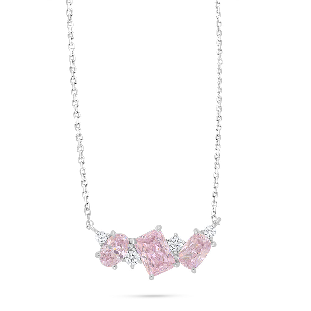 Sterling Silver 925 Necklace Rhodium Plated Embedded With Pink Zircon And White Zircon