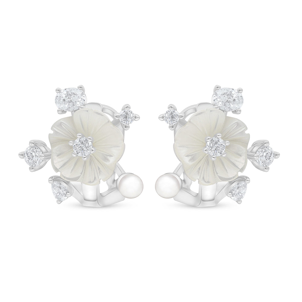 Sterling Silver 925 Earring Rhodium Plated Embedded With Natural White Pearl And White Shell
