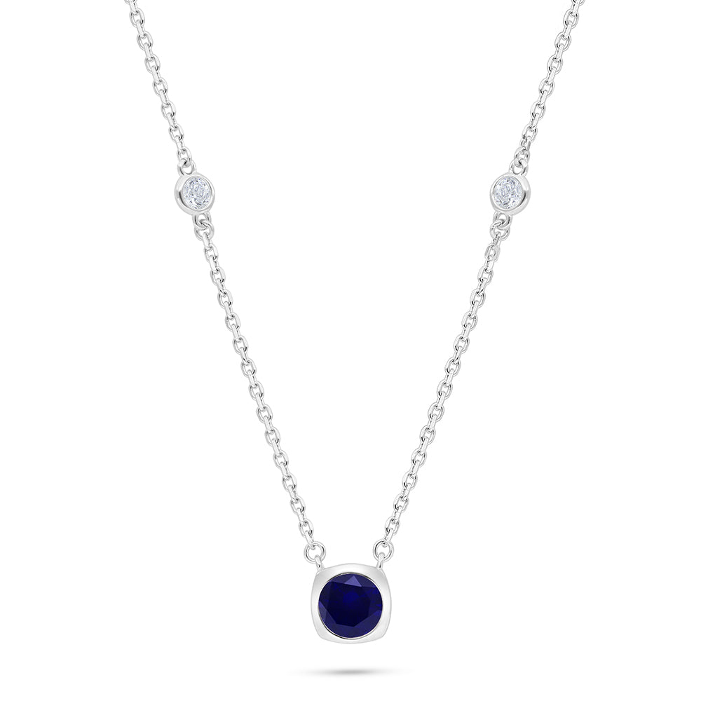 Sterling Silver 925 Necklace Rhodium Plated Embedded With Sapphire Corundum And White Zircon