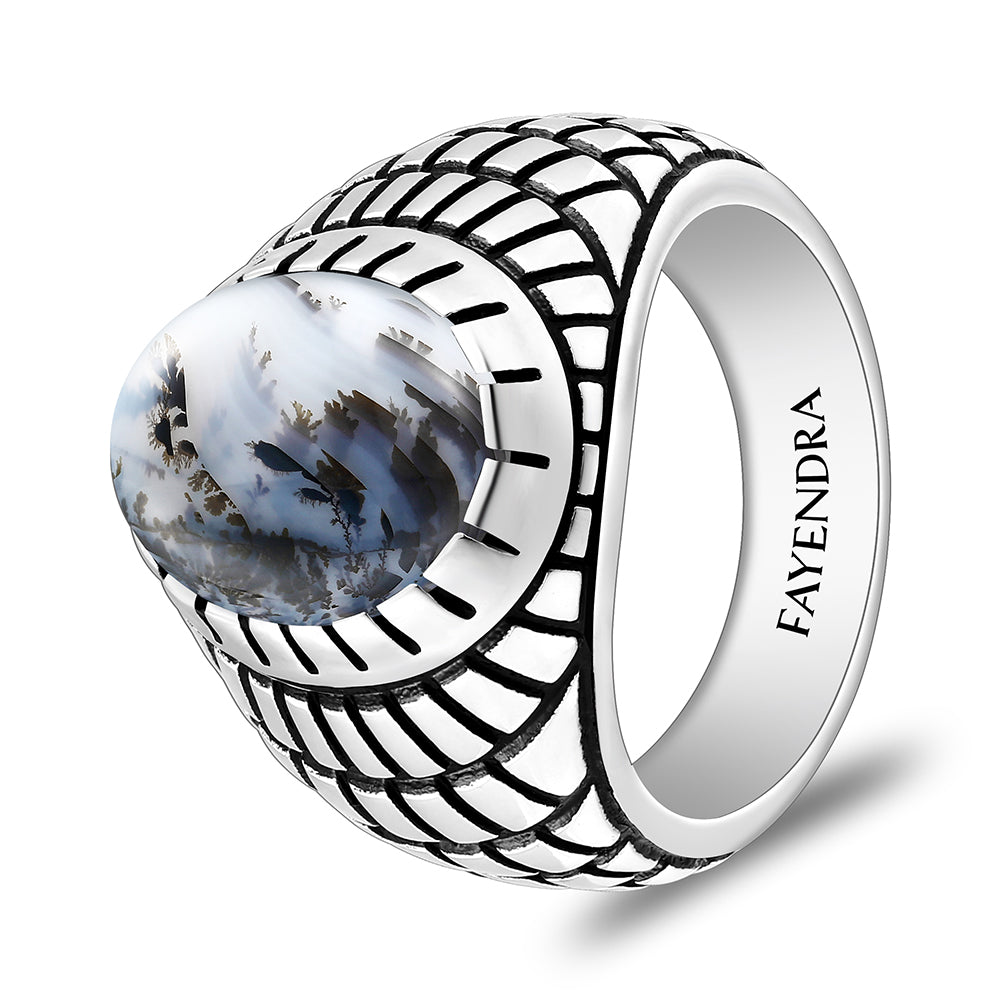 خاتم رجالي من الفضة الخالصة عيار 925 مطلي روديوم و اسود مرصع احجار عقيق مشجر طبيعي كابشون