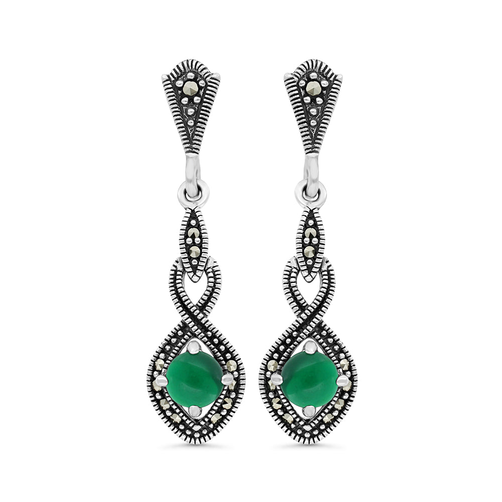 Sterling Silver 925 Earring Embedded With Natural Green Agate And Marcasite Stones