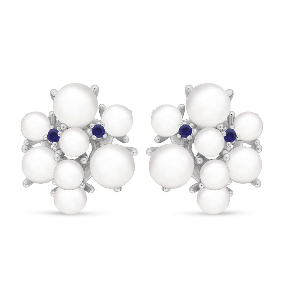 Sterling Silver 925 Earring Rhodium Plated Embedded With Natural White Pearl And Sapphire Corundum And White Zircon