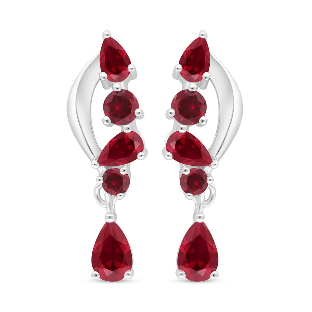 Sterling Silver 925 Earring Rhodium Plated Embedded With Ruby Corundum