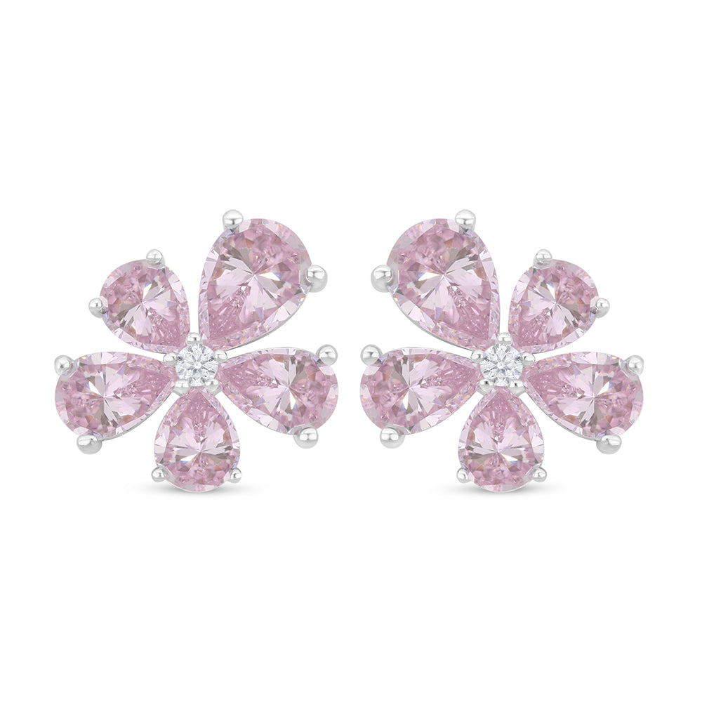 Sterling Silver 925 Earring Rhodium Plated Embedded With Pink Zircon And White Zircon