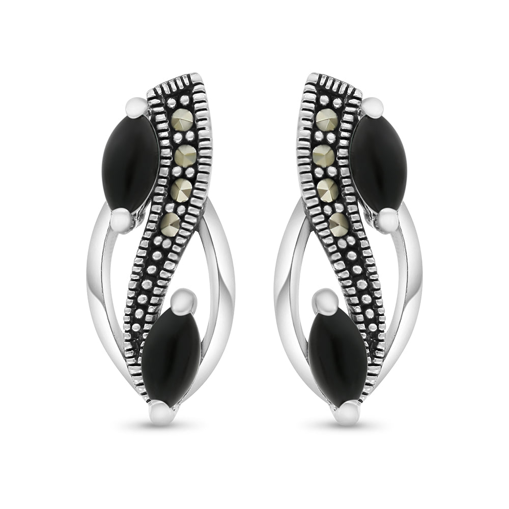 Sterling Silver 925 Earring Embedded With Natural Black Agate And Marcasite Stones