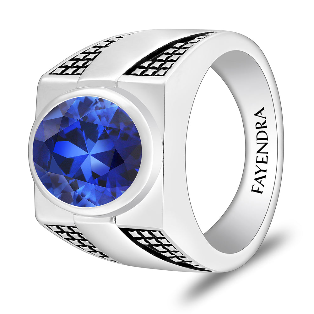 خاتم رجالي من الفضة الخالصة عيار 925 مطلي روديوم و اسود مرصع احجار زفير كروندوم