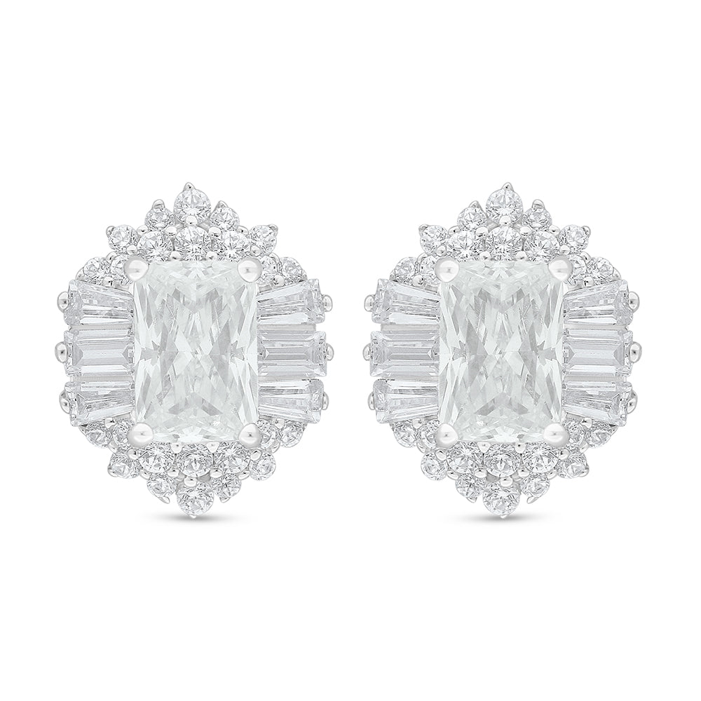Sterling Silver 925 Earring Rhodium Plated Embedded With White Zircon