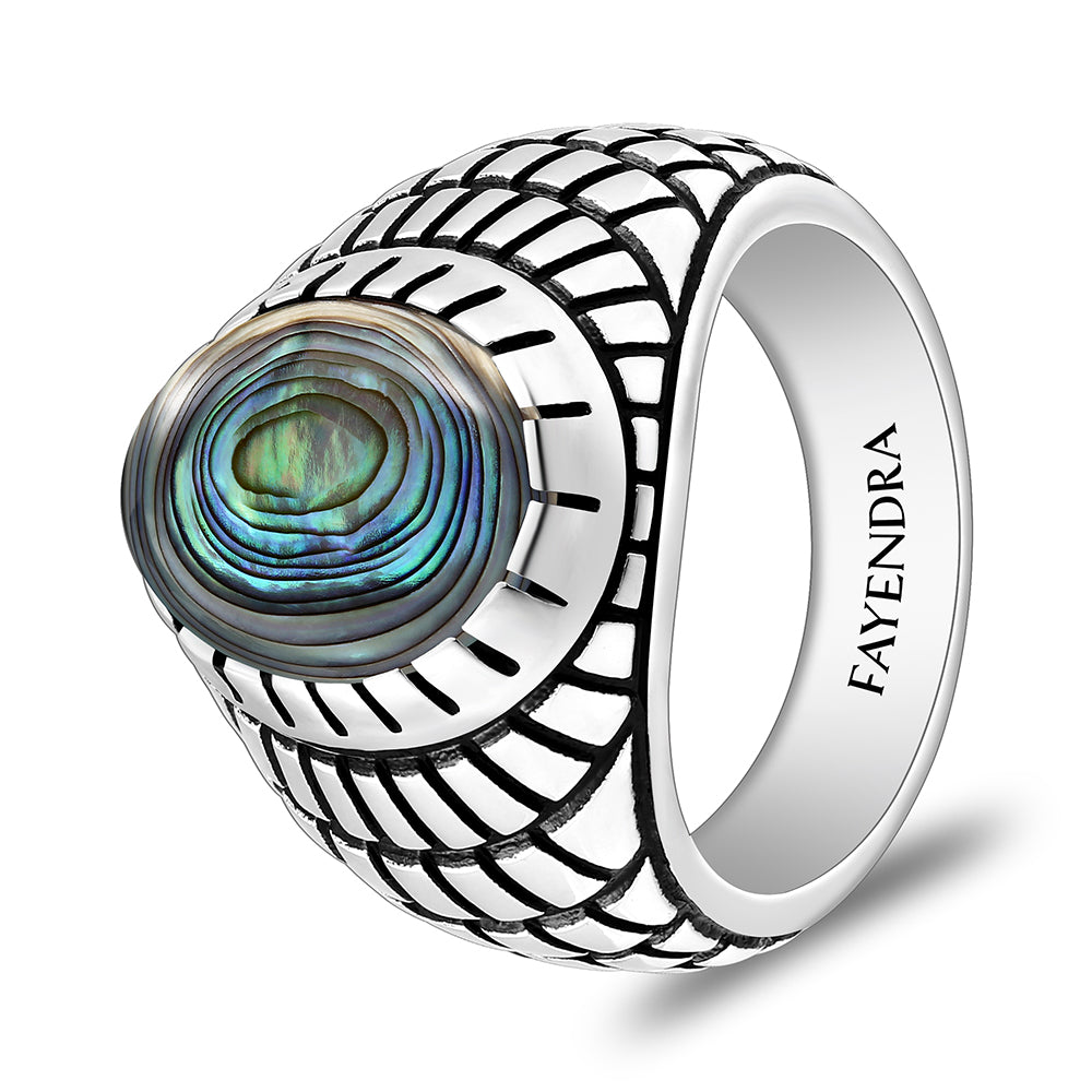 خاتم رجالي من الفضة الخالصة عيار 925 مطلي روديوم و اسود مرصع احجار صدف استرالي كابشون