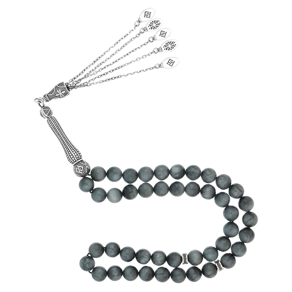 Rosary eagle eye featuring 33 natural tiger's eye beads with silver accents, showcasing chatoyancy and craftsmanship.