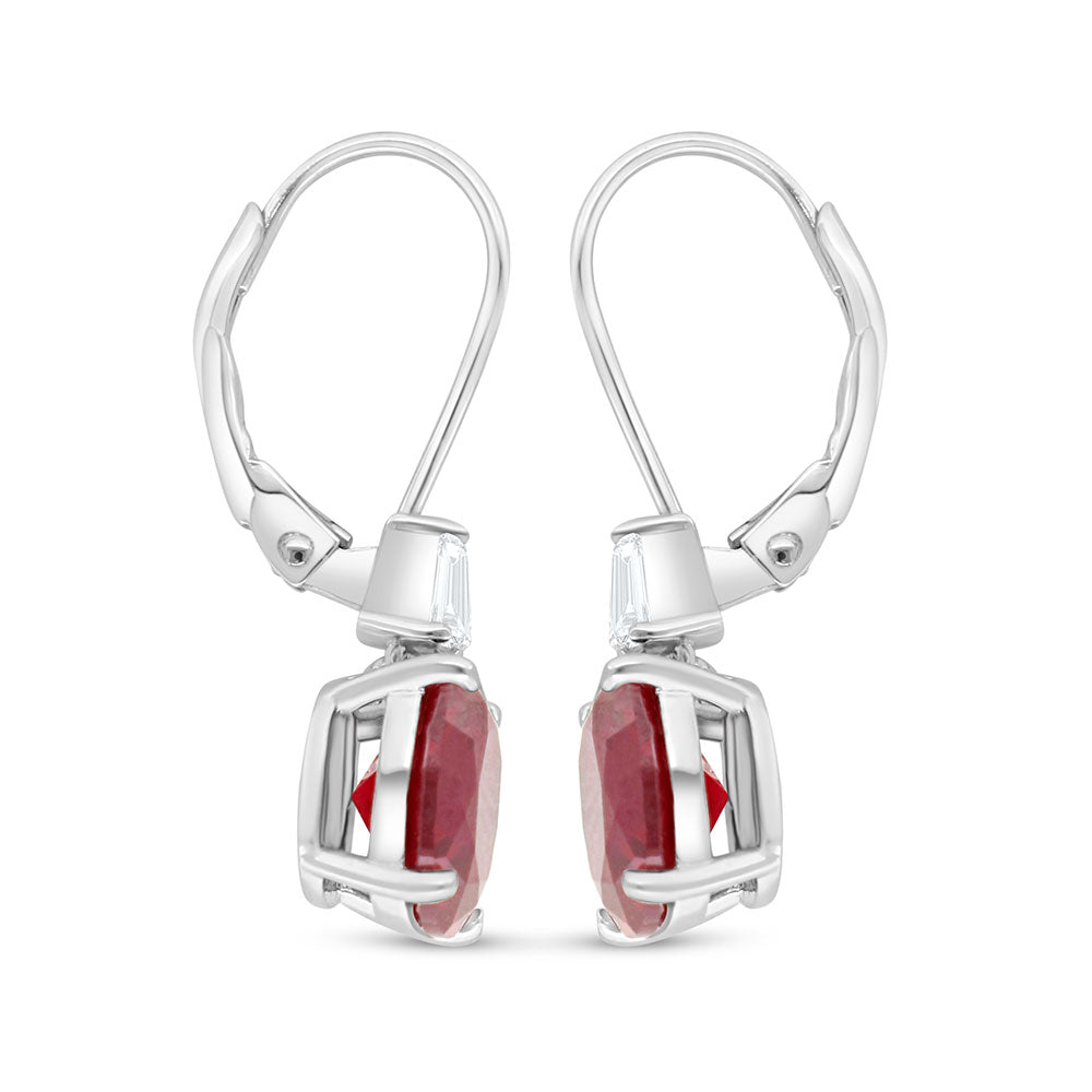 Sterling Silver 925 Earring Rhodium Plated Embedded With Ruby Corundum And White Zircon