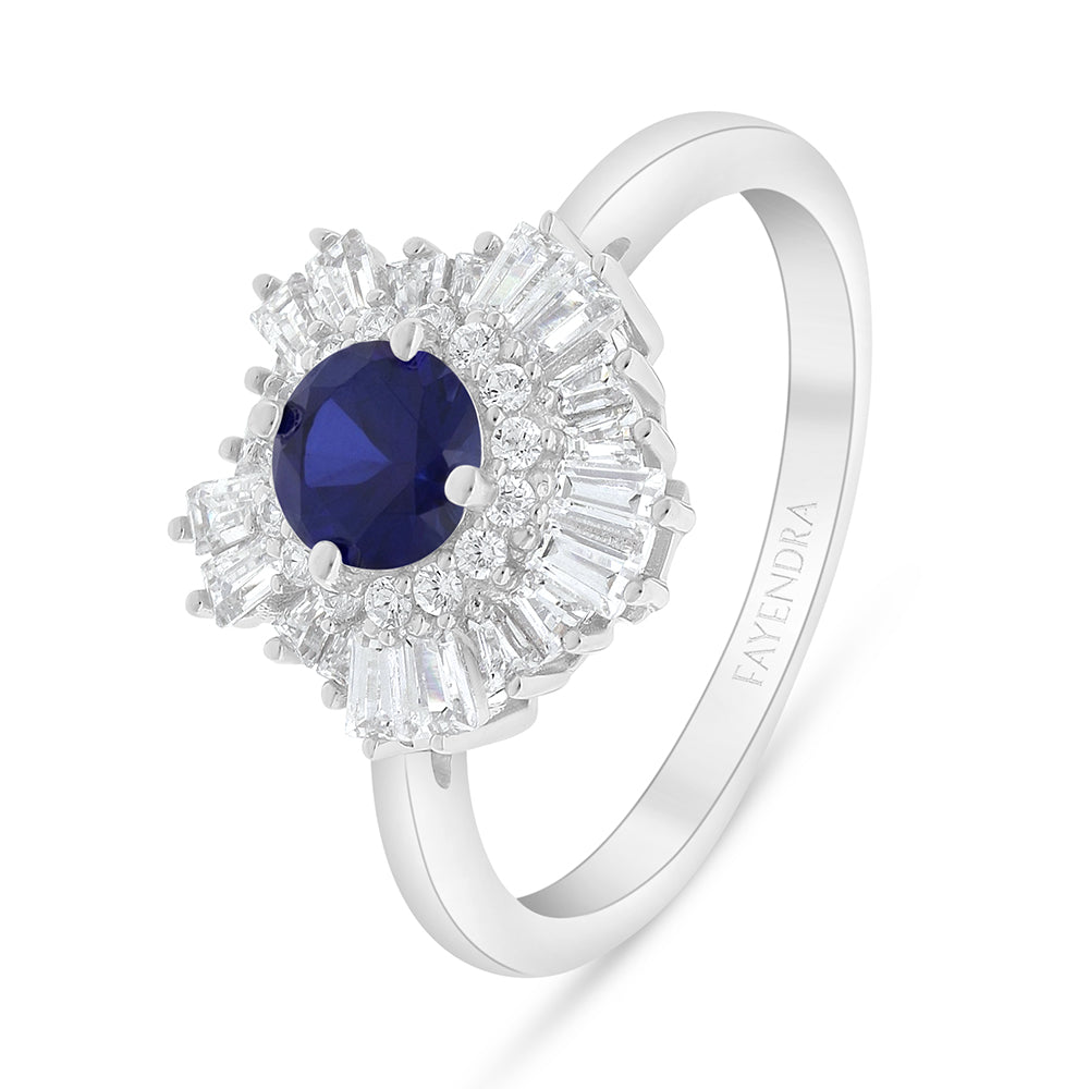 Sterling Silver 925 Ring Rhodium Plated Embedded With Sapphire Corundum And White Zircon