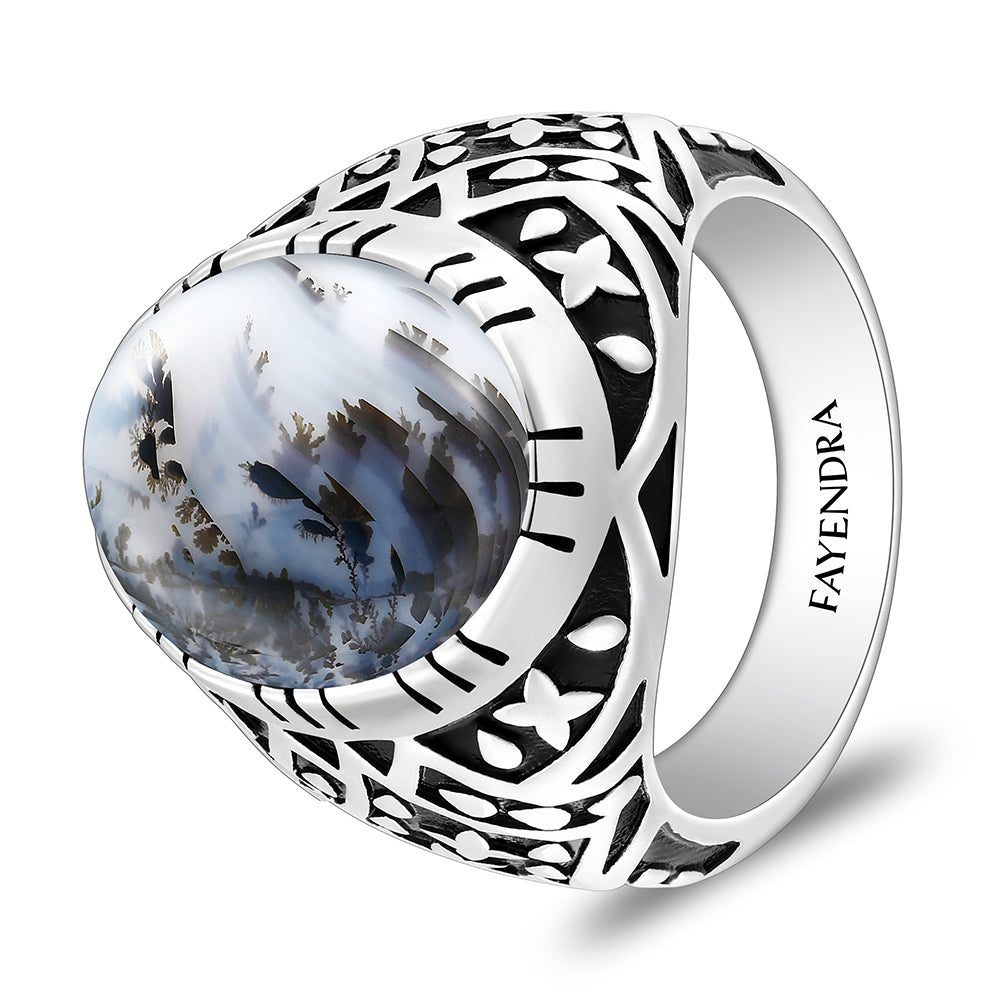 خاتم رجالي من الفضة الخالصة عيار 925 مطلي روديوم و اسود مرصع احجار عقيق مشجر طبيعي كابشون