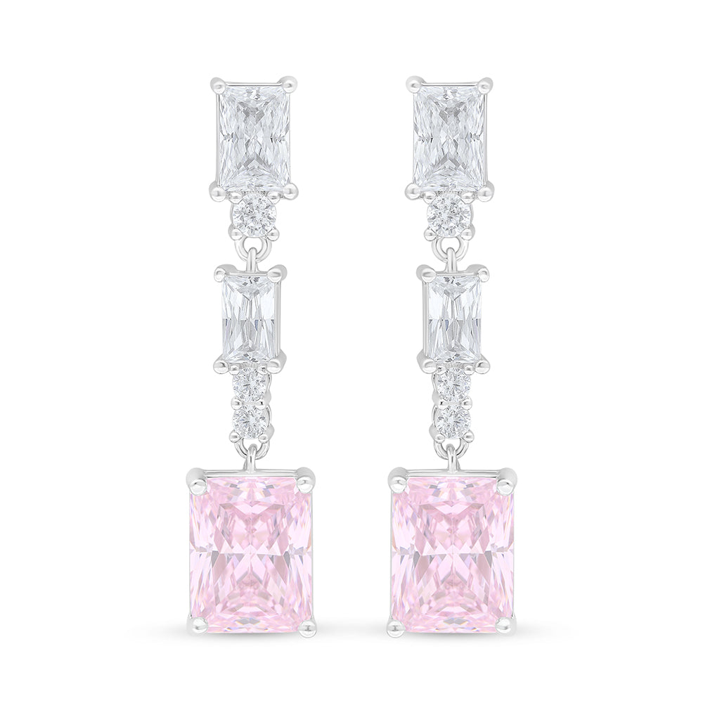 Sterling Silver 925 Earring Rhodium Plated Embedded With Pink Zircon And White Zircon