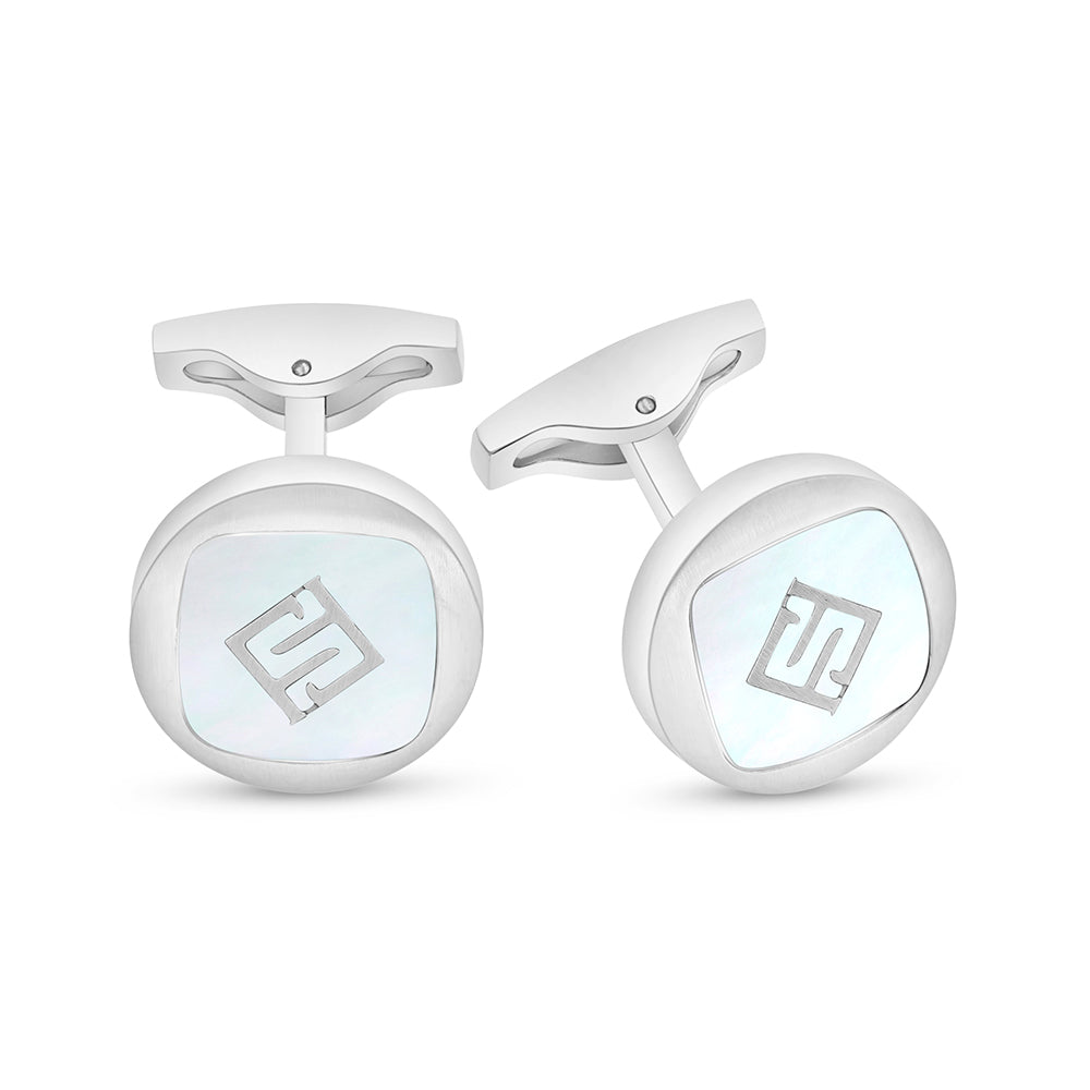 Stainless Steel Cufflink 316L Embedded With White Shell Matt Steel