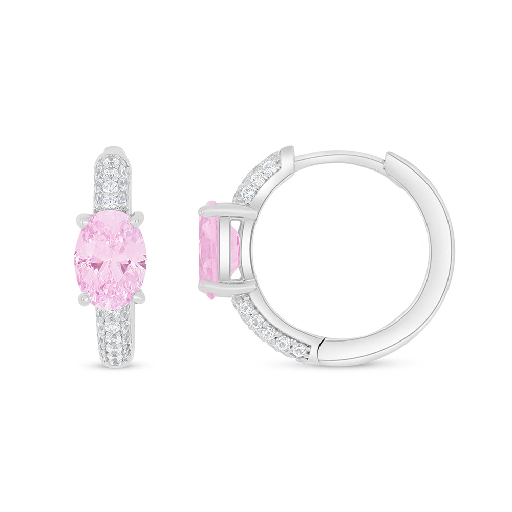 Sterling Silver 925 Earring Rhodium Plated Embedded With Pink Zircon And White Zircon