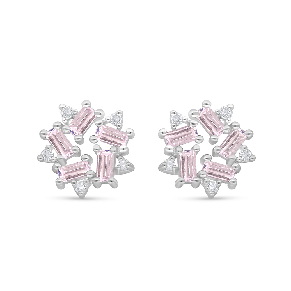 Sterling Silver 925 Earring Rhodium Plated Embedded With Pink Zircon And White Zircon