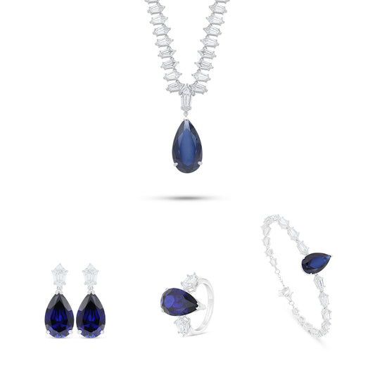 طقم من الفضة الخالصة عيار 925 مطلي روديوم مرصع احجار زفير كروندوم و فص ابيض