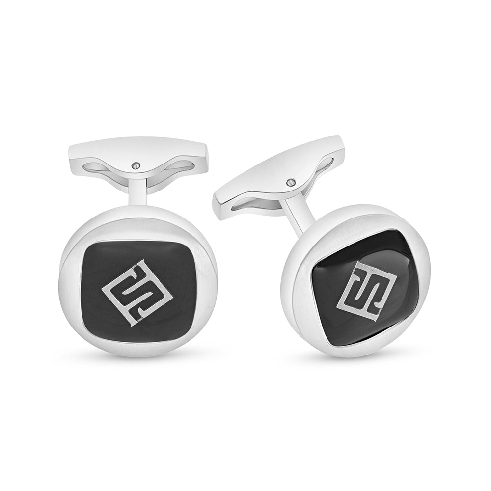 Stainless Steel Cufflink 316L Embedded With Black Agate Matt Steel