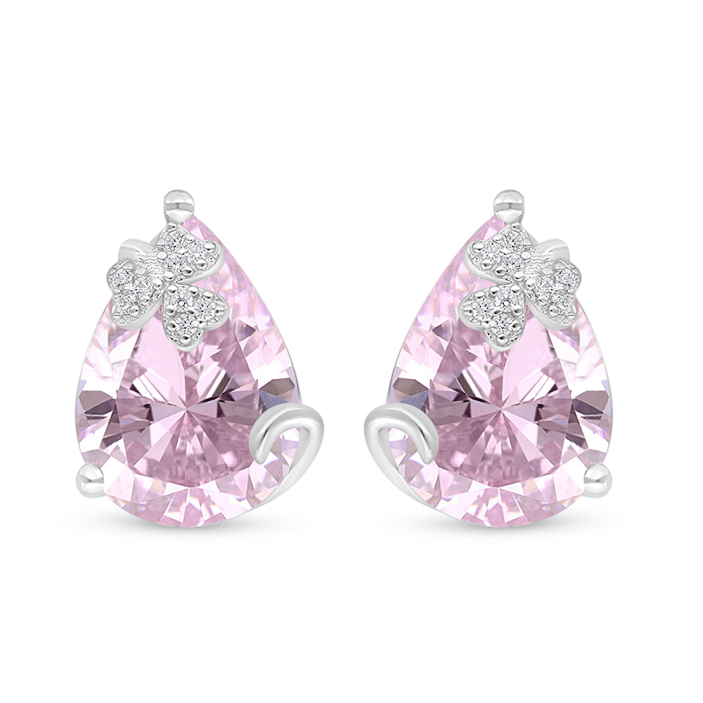 Sterling Silver 925 Earring Rhodium Plated Embedded With Pink Zircon And White Zircon