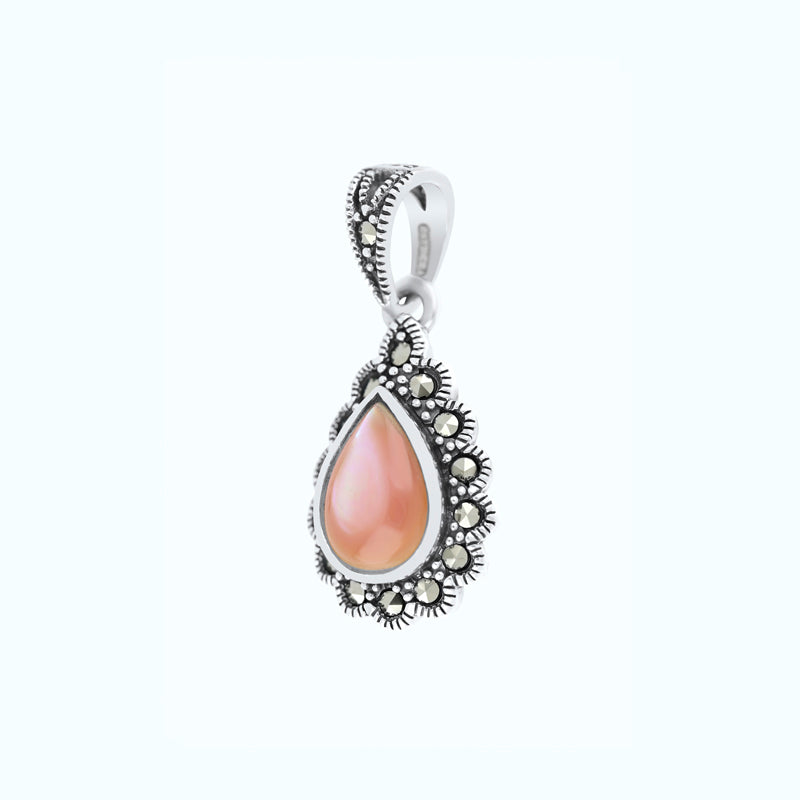 Sterling Silver 925 Pendant Embedded With Natural Pink Shell And Marcasite Stones